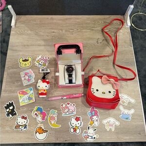 Hello Kitty Watch Set Small Purse, Pen, Bag Clip, Stickers NEW